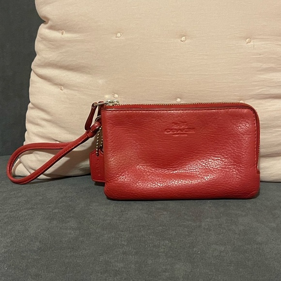 Coach Handbags - COACH Double Corner Zip Crossgrain Leather Wristlet Red with Gold (Used)
